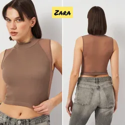 Top Zara color marrón de cuello alto con transparencia