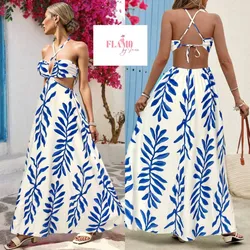 Vestido blanco y azul estampado tropical