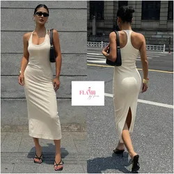Vestido colo beige con abertura detras
