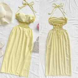Vestido color amarillo detalles de tira en espalda
