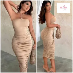 Vestido color beige fruncido con amarre al cuello