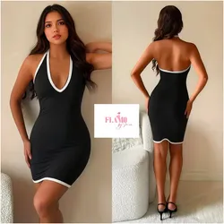 Vestido color negro escote en V filo blanco