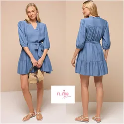 Vestido de mangas estilo can can tono azul mezclilla