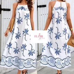 Vestido estampado estilo vintage blanco y azul