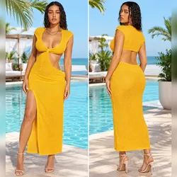 Vestido largo amarillo tejido estilo pareo