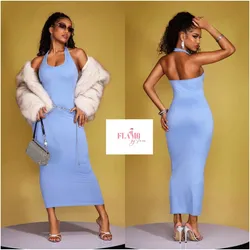 Vestido largo azul amarre al cuello