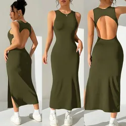 Vestido largo casual color aceituna con aberturas