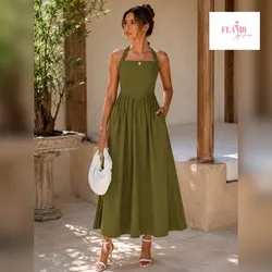 Vestido largo color aceituna tira al cuello
