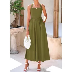 Vestido largo color aceituna tira al cuello