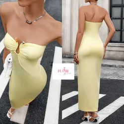 Vestido largo color amarillo detalle de bolas