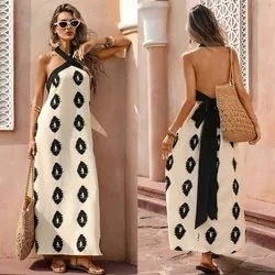 Vestido largo color beige estampado negro amarre detras