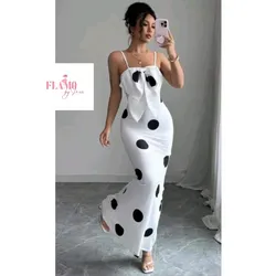 Vestido largo color blanco estampado lunares negros y lazo