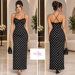 Vestido largo color negro polka dot tirantes