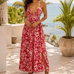 Vestido largo color rojo estampado floral