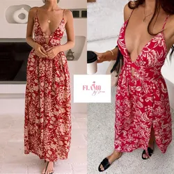 Vestido largo color rojo estampado floral
