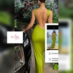 Vestido largo color verde escote en espalda y abertura debajo