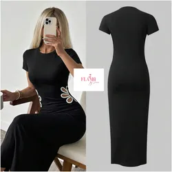 Vestido largo de mangas cortas con detalle de flor a los lados con abertura