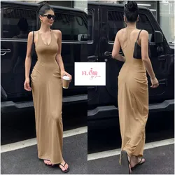 Vestido largo elastizado color beige