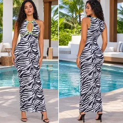 Vestido largo estampado cebra con detalle neón