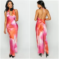 Vestido largo estampado con detalla de encaje