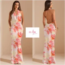 Vestido largo estampado de flores con tira al cuello estilo babero