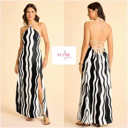 Vestido largo rayas estilo vintage amarre al cuello tiras cruzadas detras