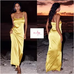 Vestido largo tirantes color amarillo satinado