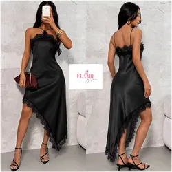 Vestido lencero asimetrico color negro satinado con encaje