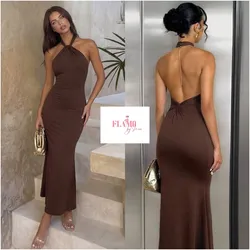 Vestido marron estilo sirena escote en la espalda