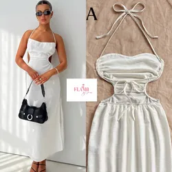 Vestido midi color blanco Espalda Descubierta, Con Abertura Alta y Cintura Con Lazo