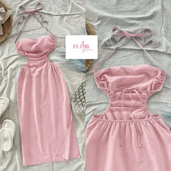 Vestido midi color rosado Espalda Descubierta, Con Abertura Alta y Cintura Con Lazo