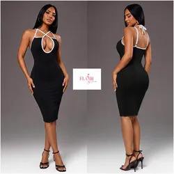 Vestido negro ajustado tiras blancas