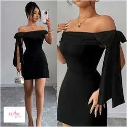 Vestido negro al hombro lazo colgante