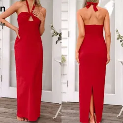 Vestido rojo largo casual con amarre al cuello y abertura detrás