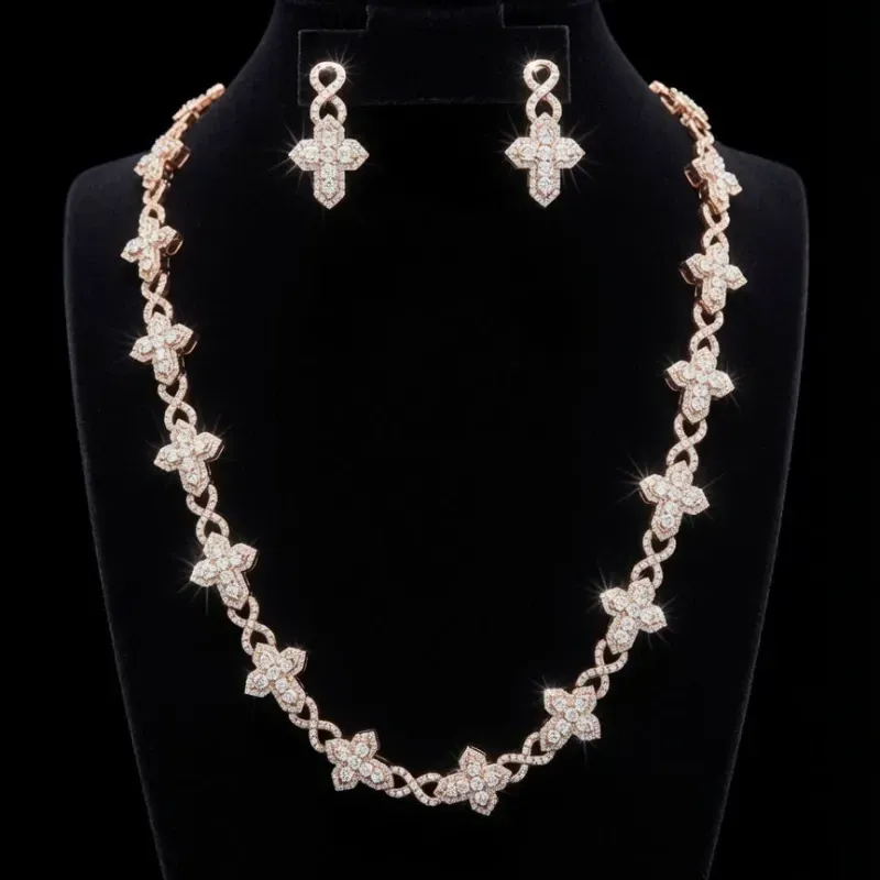 Aretes y Cadena de Diamantes Naturales Maciza