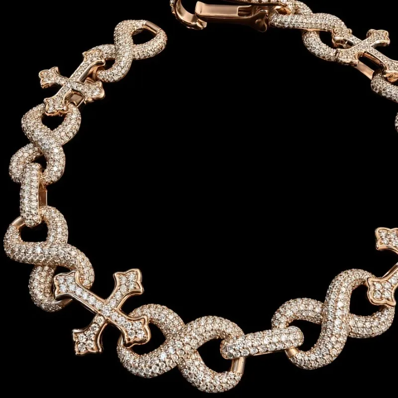 Pulso Infinito de Cruces Rosado 10k de Diamantes Naturales