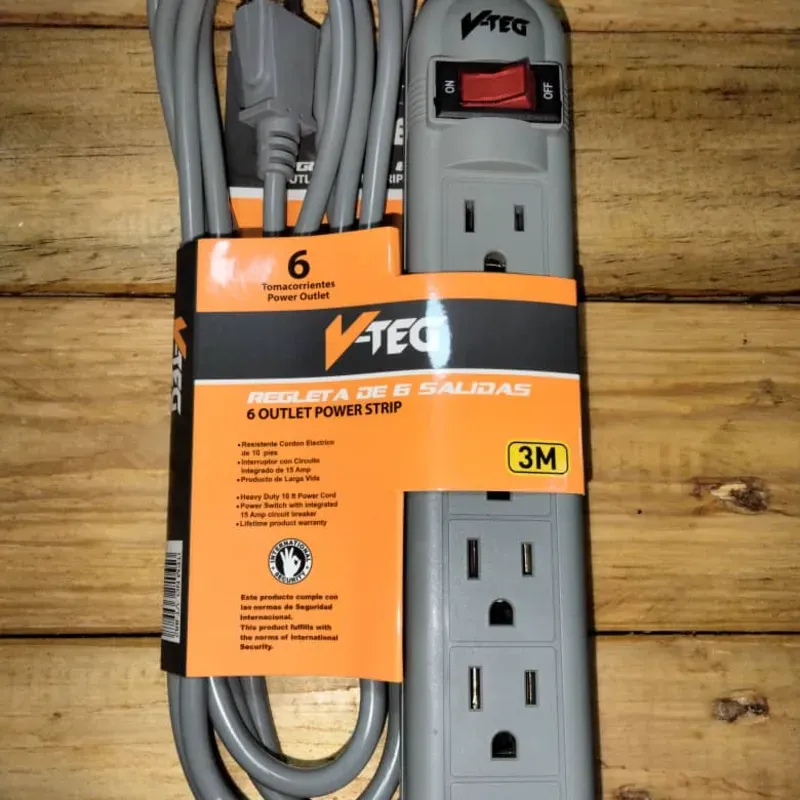 Regleta/extensión de 3 m y 6 salidas (tomacorrientes) V-TEG 