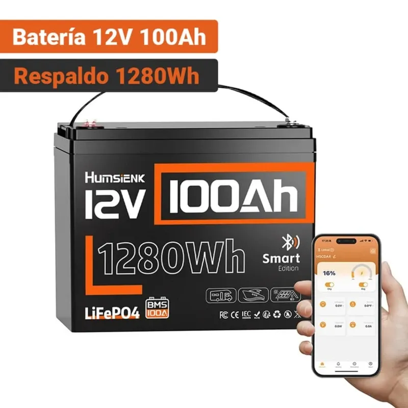 Batería Humsienk LiFePO4 12V 100Ah Group 24 1280Wh Bluetooth Para Respaldo En Casa