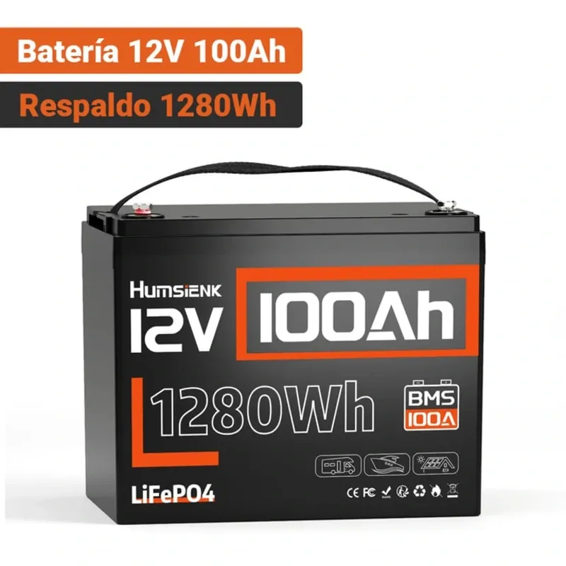 Batería Humsienk LiFePO4 12V 100Ah Grupo 24 1280Wh IP65 Para RV, Solar Y Respaldo