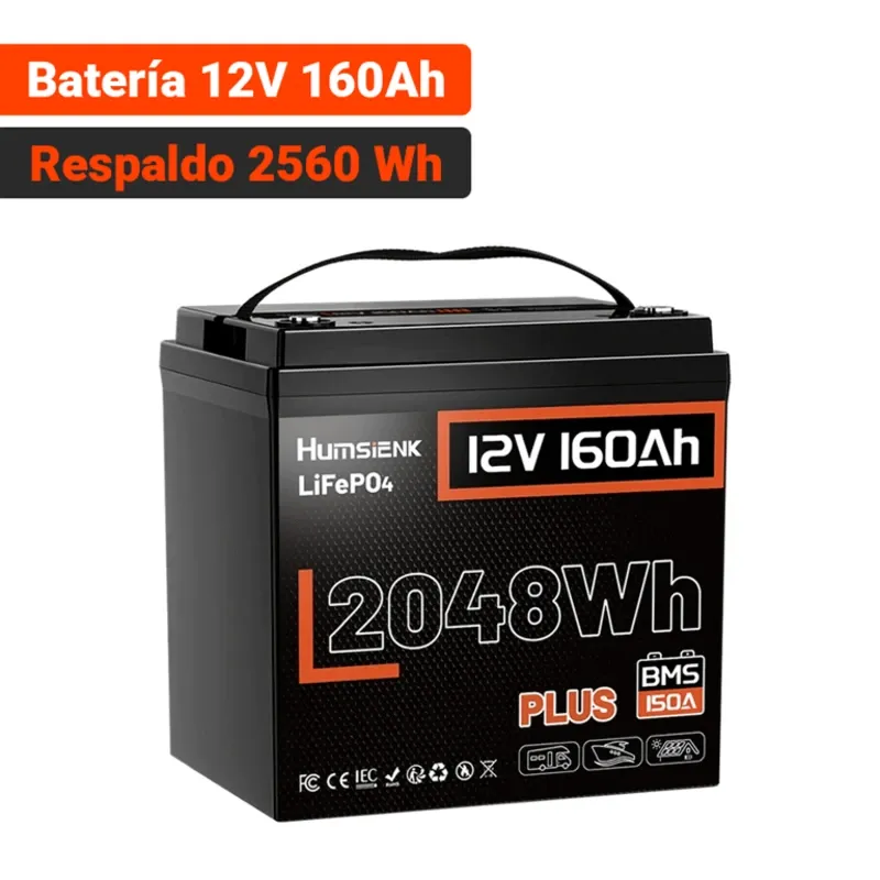 Batería Humsienk LiFePO4 12V 160Ah Group 24 2048Wh Bluetooth Para Respaldo En Casa
