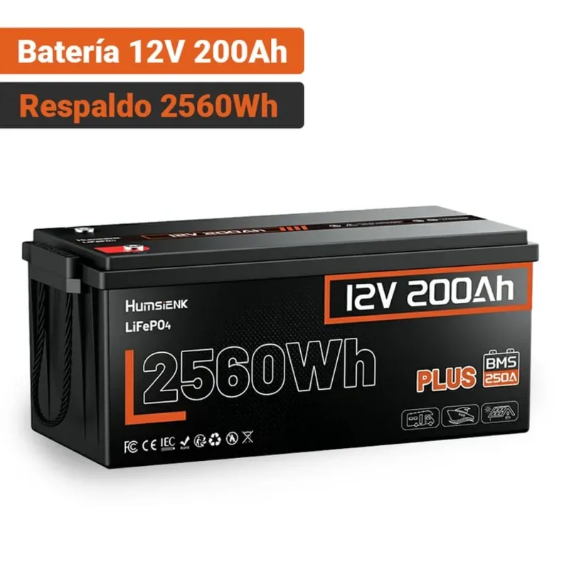 Batería Humsienk Plus LiFePO4 12V 200Ah 2560Wh Para Respaldo En Casa Con BMS 250A