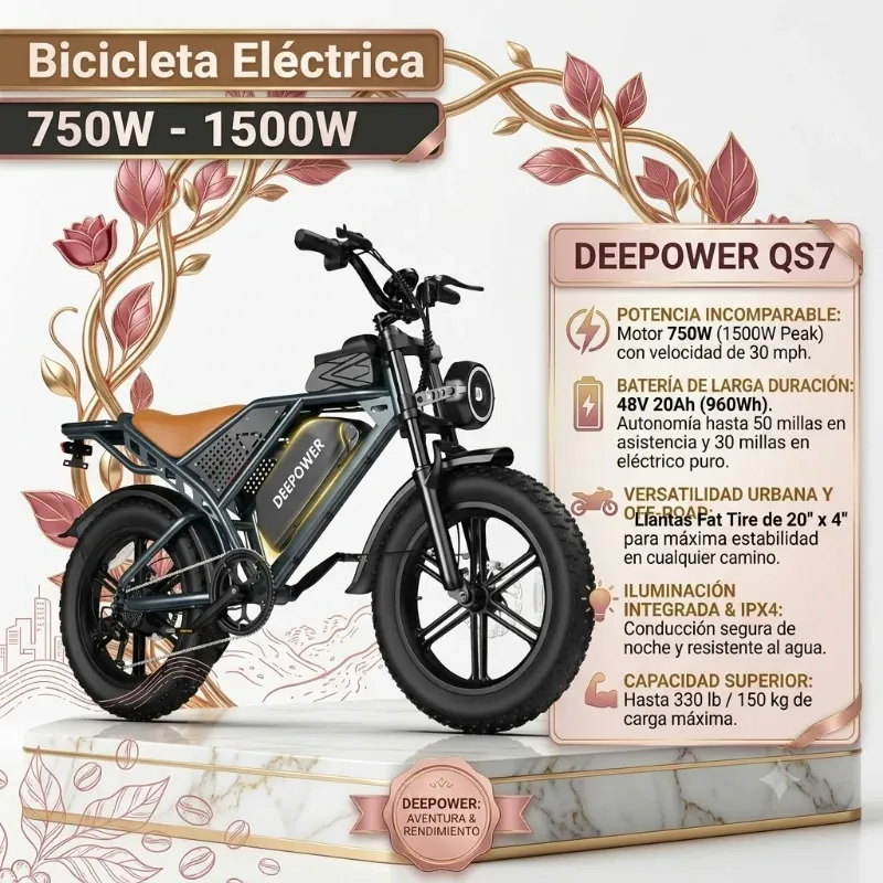 Bicicleta Eléctrica Deepower QS7 750W 1500W Peak 48V 20Ah 20x4 Fat Tire Negro