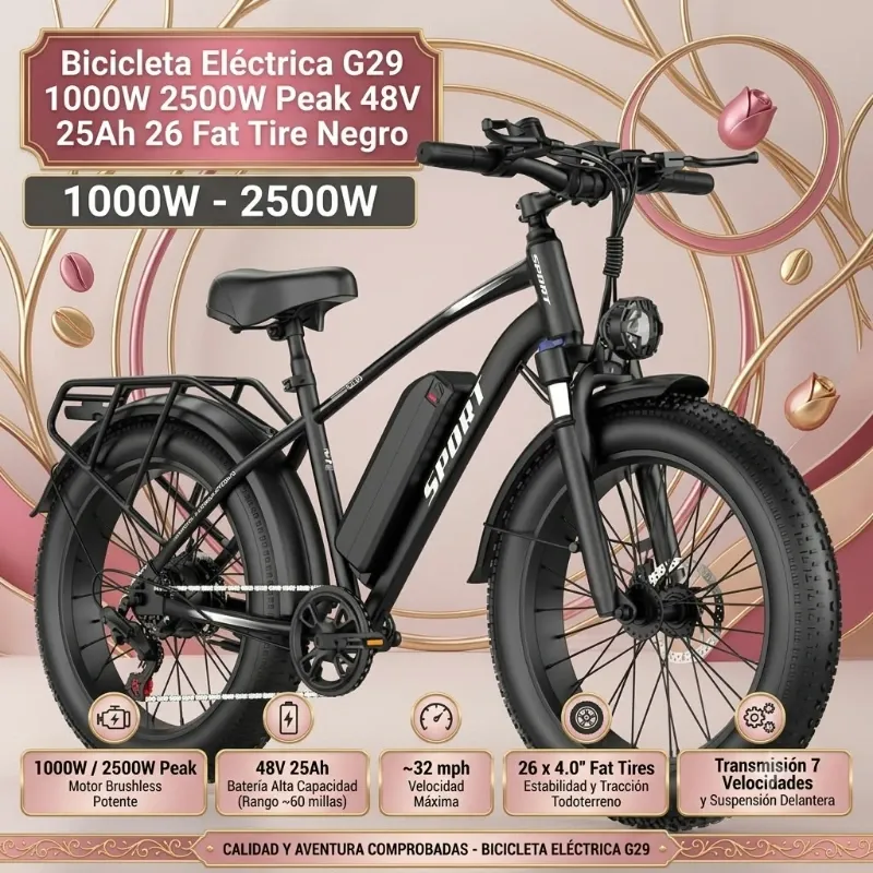 Bicicleta Eléctrica G29 1000W 2500W Peak 48V 25Ah 26 Fat Tire Negro