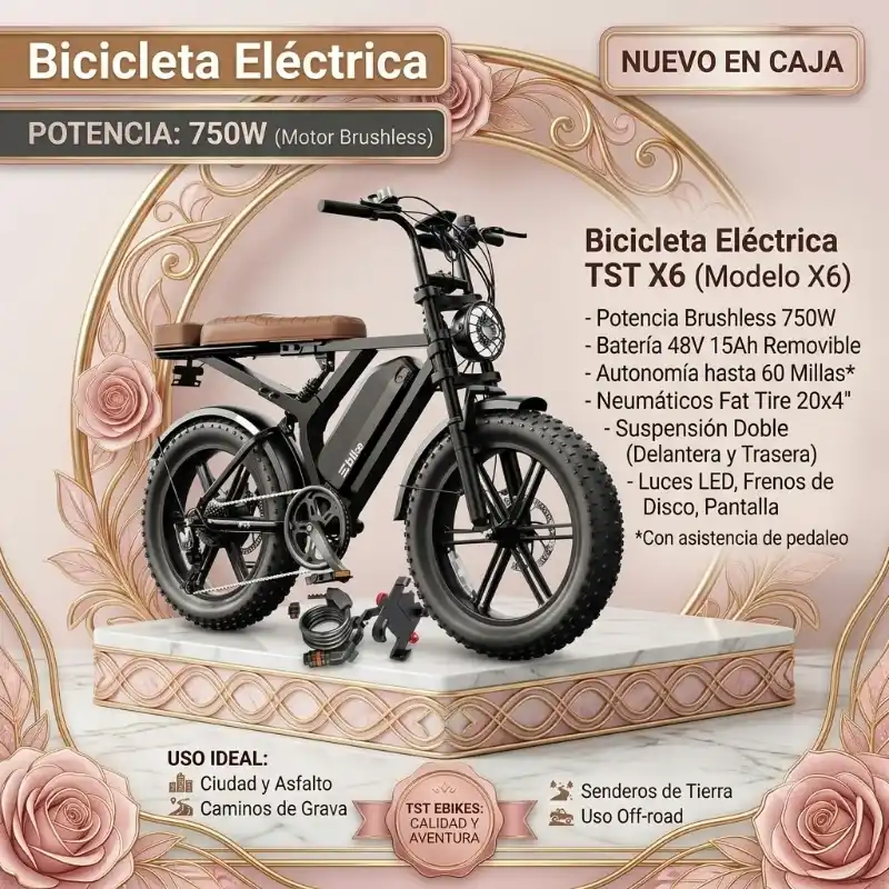 Bicicleta Eléctrica TST X6 750W 48V 15Ah 20x4 Fat Tire Con Rack Y Candado Negro