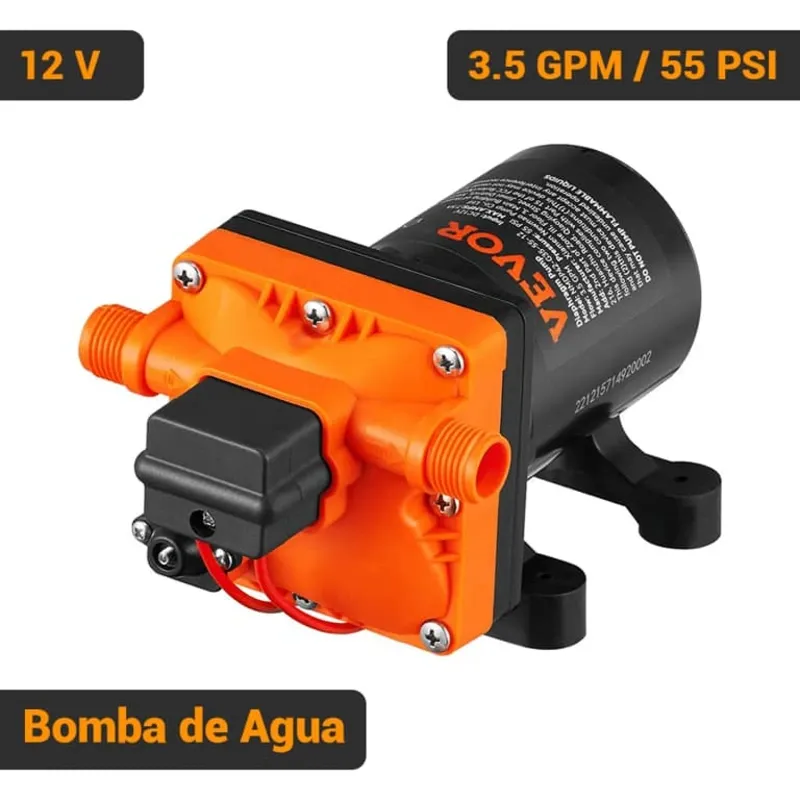 Bomba de Agua VEVOR 12V DC 3.5 GPM 55 PSI Autocebante Diafragma Negro Naranja