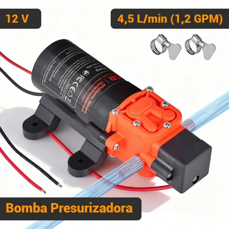 Bomba Presurizadora VEVOR 1.2 GPM 80 PSI 12V DC Autocebante Diafragma 2 Cámaras Para RV Riego Negro
