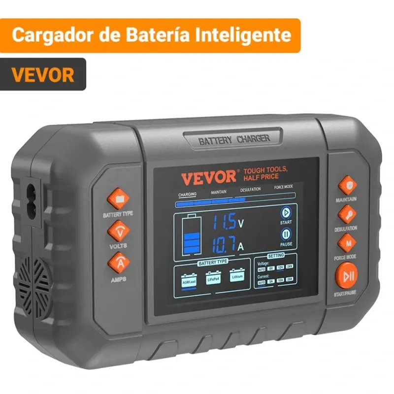 Cargador Inteligente VEVOR de 20A para Baterías LiFePO4 y Plomo-Ácido AGM/GEL/SLA de 6/12/24 V con LCD.