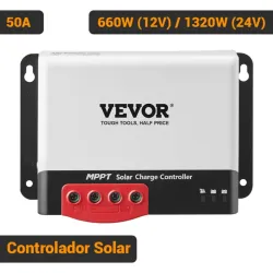 Controlador Solar MPPT VEVOR 50A 660W (12V) / 1320W (24V) 98% Eficiencia 12V/24V Con Bluetooth Regulador de Carga Negro