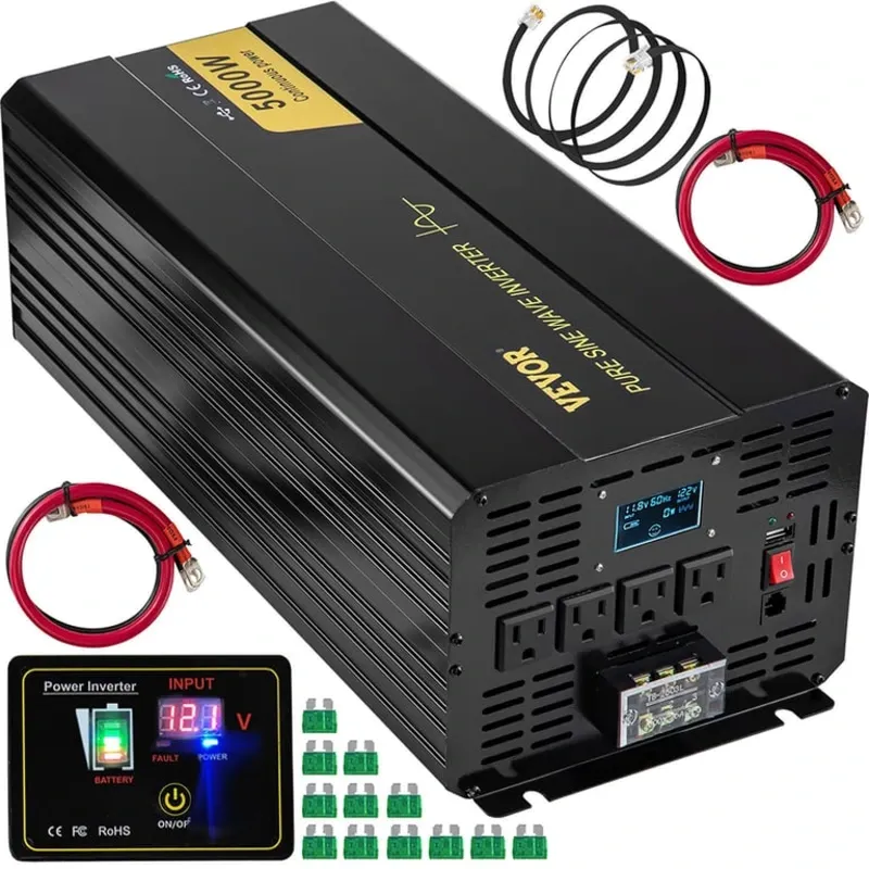 Inversor VEVOR 5000W 10000W Pico Onda Modificada 12V a 120V Con Control Remoto Pantalla LED Para Auto RV Negro