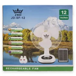 JMD Ventilador Recargable Solar y Por Corriente Directa, de 12". Incluye dos Focos Led y Cable Para Cargar Celular. JD-SF-12